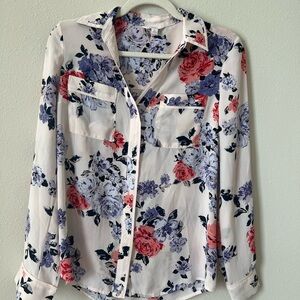 Floral Button-Up Blouse - White, Red, Blue